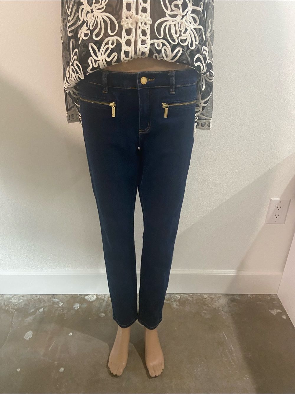 Michael Kors Dark Navy Skinny Jeans with Gold Zipper Accents